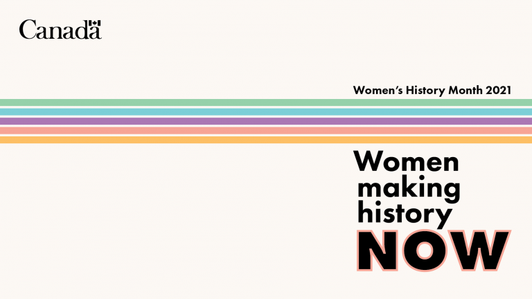 Image of Women’s History Month 2021 with this year’s theme “Women Making History Now”. The Canada wordmark appears at top.