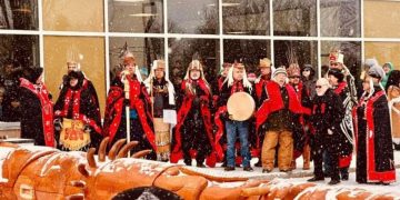 Laxgalts’ap Village of Nisga’a Nation marks the start of Hoobiyee celebrations with traditional totem pole raising on the morning of Friday Feb. 24 