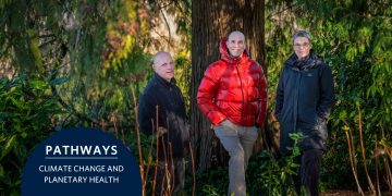 A group of three individuals, Drs. Michael Brauer, Chris Carlsten and Sarah Henderson, standing outdoors in front of a big tree, with a text overlay that reads: Pathways - climate change and planetary health.